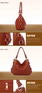 Close-up of brown pebbled leather texture with golden ring and premium stitching details