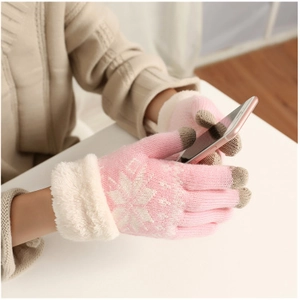Pink knitted touchscreen gloves with deer patterns and plush faux fur cuffs for women