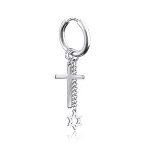 Boucle d'oreille en acier inoxydable argenté avec pendentif croix et étoile de David pendante