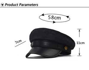 Detailed size parameters of black newsboy cap with 58cm circumference and PU leather brim