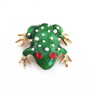Exquisite green enamel frog brooch with white pearls and red rhinestone eyes
