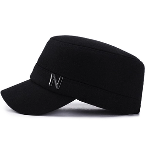 Winter men's flat top military hat in black wool with ear protection for elderly