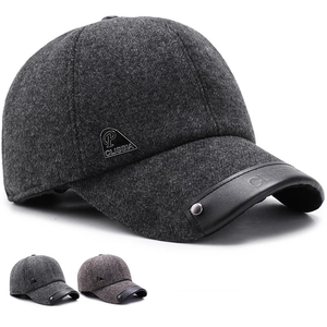 Men's Woolen Winter Baseball Cap Warm Outdoor Peaked Hat For Elderly Mature Business Casual Cap Triangle Logo Earmuffs
