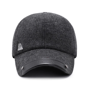 Men's wool baseball cap in dark gray with leather brim and metal emblem for winter