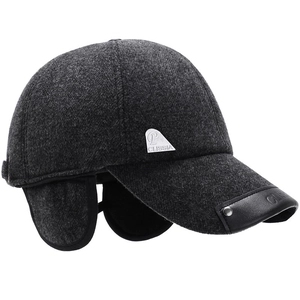 Winter wool baseball cap for men featuring foldable ear flaps and leather brim trim