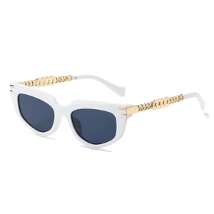 Retro cat-eye sunglasses with white geometric frames and gold metal chain temples