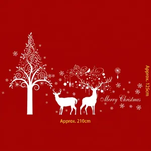 White Christmas reindeer and tree wall stickers on red background, 210x125cm size