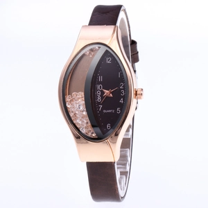 Detailed side view of rose gold leaf watch case with floating crystals and brown leather strap