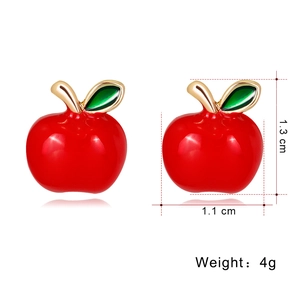 Detail showing red apple stud earring dimensions 1.3cm height and 1.1cm width