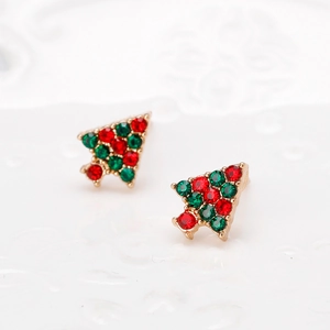 Sparkling Christmas tree stud earrings with red and green crystals in gold-tone setting