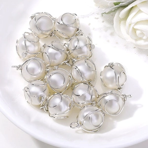 Handmade pearl teardrop charms with silver basket wire wrapping for DIY jewelry designs