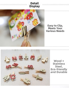 Detail of wooden Christmas clips with colorful letters and angel shapes for photos