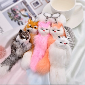 Cute Plush Fox Cat Keychain Faux Fur Long Tail Soft Animal Pendant For Handbag Car Accessories Sleepy Eyes Kawaii Ornament
