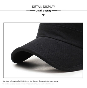 Detail of black cotton twill flat top cap showing reinforced brim and precision stitching