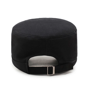 Classic black cotton flat top army cap with adjustable silver metal buckle back view