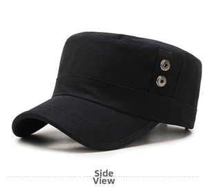 Detailed side view of black cotton flat top army cap with silver metal eyelets