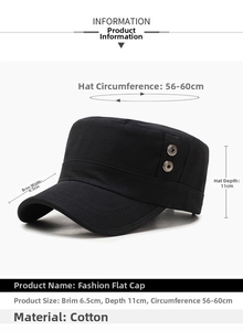 Detail of cotton cadet cap showing 6.5cm brim and adjustable 56-60cm circumference