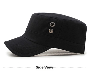 Side view of black cotton canvas flat top military cap with metal ring eyelet details