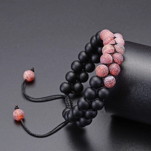 Adjustable double-layer beaded bracelet with matte black stones and red crackle agate beads