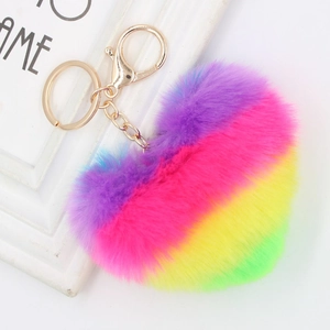 Rainbow heart plush keychain with gold lobster clasp for bags, soft gradient heart pendant
