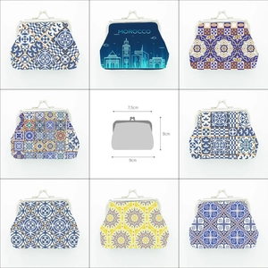 Moroccan style coin purse set featuring mosaic tiles and architecture patterns with size guide