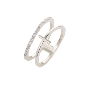 Macro shot of silver double-layered cross ring with micro-pave white zircon stones