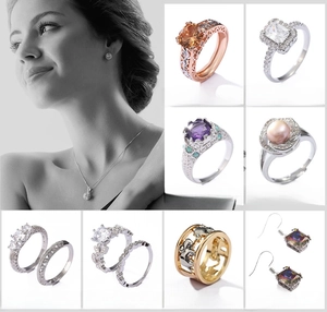 Collage showing teardrop emerald earrings and gold rings with various gemstones