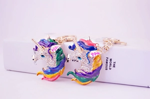 Detail of crystal unicorn keychain with colorful enamel coating and gold lobster clasp