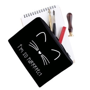 Cat print makeup bag with 'I'M SO PURRRRFECT' text on a black canvas pouch with zipper