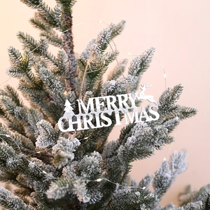 White glitter Merry Christmas wooden sign hanging on a snowy Christmas tree branch