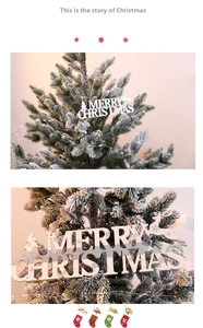 Macro detail of wooden Merry Christmas sign with silver glitter, reindeer and tree silhouettes