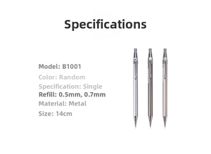 Technical specifications for B1001 metal mechanical pencils with 0.5mm and 0.7mm lead sizes