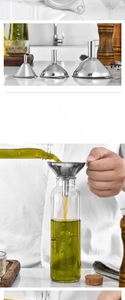 Three-piece stainless steel funnel set for kitchen use, detailing different sizes and handles