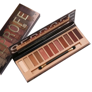 Detailansicht der 12-Farben-Lidschattenpalette mit matten Texturen und doppeltem Pinsel