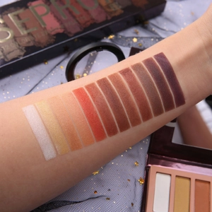 Detaillierte 12-Farben-Lidschatten-Swatches auf dem Arm mit matten und glänzenden Texturen