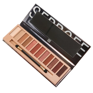 Detail der 12-Farben Lidschattenpalette mit Erdtönen, Matten Texturen und Make-up-Pinsel