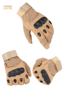 Detailed view of sand tactical gloves featuring hard knuckle armor and adjustable wrist strap