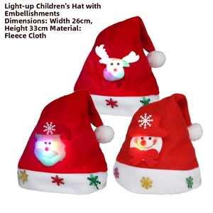 Close-up of glowing Christmas hats for kids with deer, santa and snowman decals