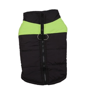 Detail of winter pet vest with black and green quilted fabric and back zipper closure