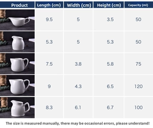 Size chart for white ceramic milk pitchers showing capacity and dimensions in centimeters