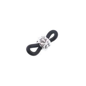 Detail view of black silicone eyeglass chain loops with silver alloy flower connector