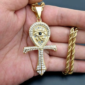 Gold plated Ankh cross pendant with sparkling rhinestones and Horus eye on rope chain