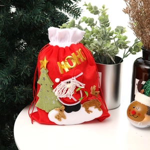 Red Christmas velvet gift bag with Santa and reindeer embroidery and drawstring