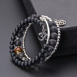 Multi-layer lava stone beaded bracelet with tiger eye and Om symbol pendant
