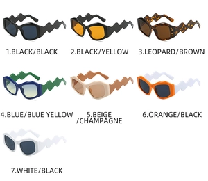 Detailed grid of oversized sunglasses featuring unique wavy temple designs in seven colors