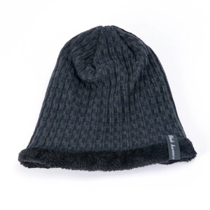 Mens thick winter beanie hat with warm fleece lining and mixed grey knit pattern