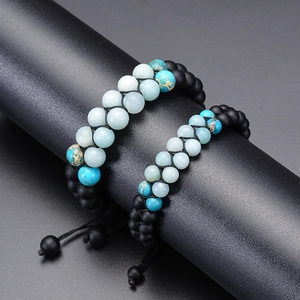 Double-layer handmade braided Amazonite and matte black agate couple beaded bracelets
