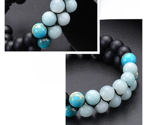 Macro detail of double-layered beaded bracelet with matte black and Amazonite stones