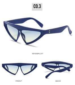 Three-angle view of sharp triangular sunglasses with blue-yellow gradient lenses