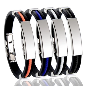 Bracelet Homme Acier Inoxydable Silicone Jonc Caoutchouc Réglable Plaque ID Bijoux Sport Décontracté Mode